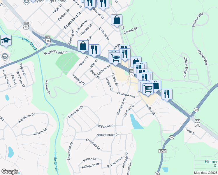 map of restaurants, bars, coffee shops, grocery stores, and more near 915 Joyner Street in Clayton