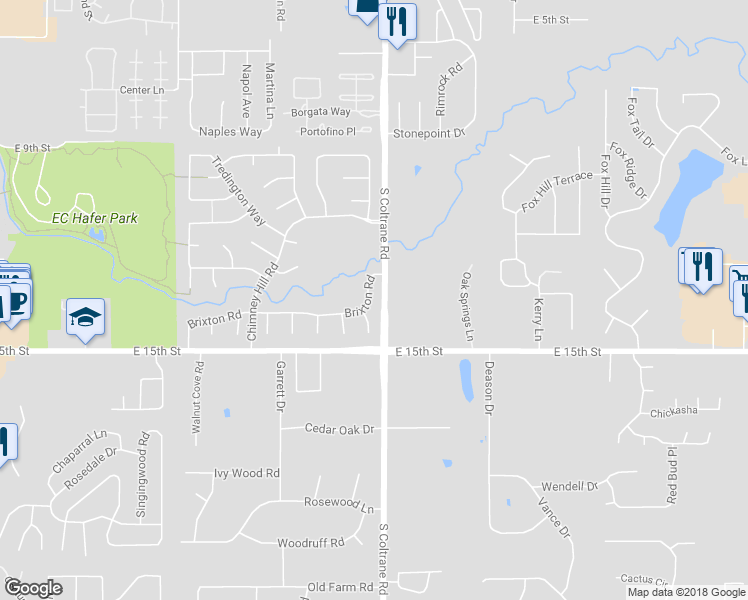 map of restaurants, bars, coffee shops, grocery stores, and more near 1312 Brixton Road in Edmond
