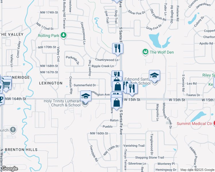 map of restaurants, bars, coffee shops, grocery stores, and more near 1317 Greenfield Drive in Edmond
