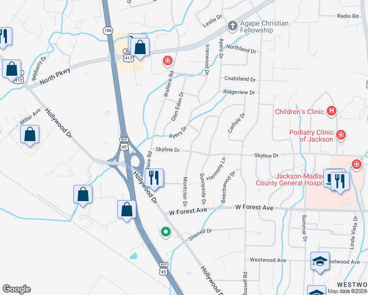 map of restaurants, bars, coffee shops, grocery stores, and more near 967 Skyline Drive in Jackson