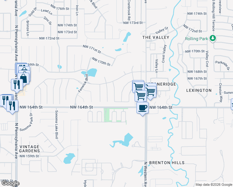 map of restaurants, bars, coffee shops, grocery stores, and more near 16624 Kingsley Road in Edmond