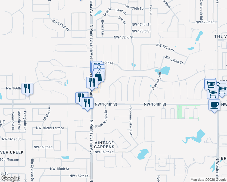 map of restaurants, bars, coffee shops, grocery stores, and more near 16609 Brewster Lane in Edmond