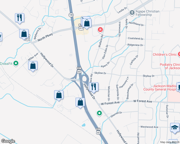 map of restaurants, bars, coffee shops, grocery stores, and more near 73 Wallace Road in Jackson