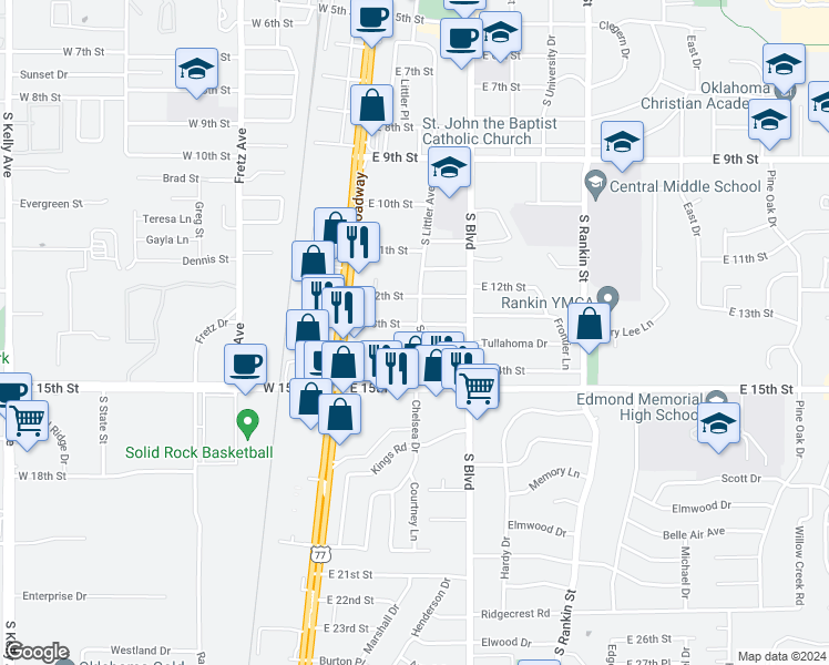 map of restaurants, bars, coffee shops, grocery stores, and more near 1301 South Littler Avenue in Edmond