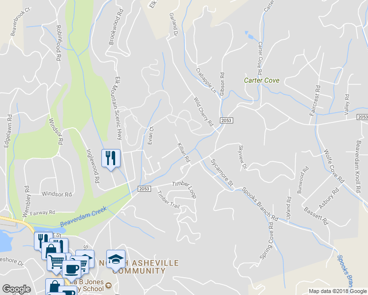 map of restaurants, bars, coffee shops, grocery stores, and more near 17 Killian Road in Asheville