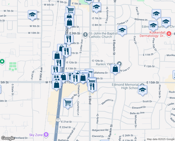 map of restaurants, bars, coffee shops, grocery stores, and more near 112 East 13th Street in Edmond
