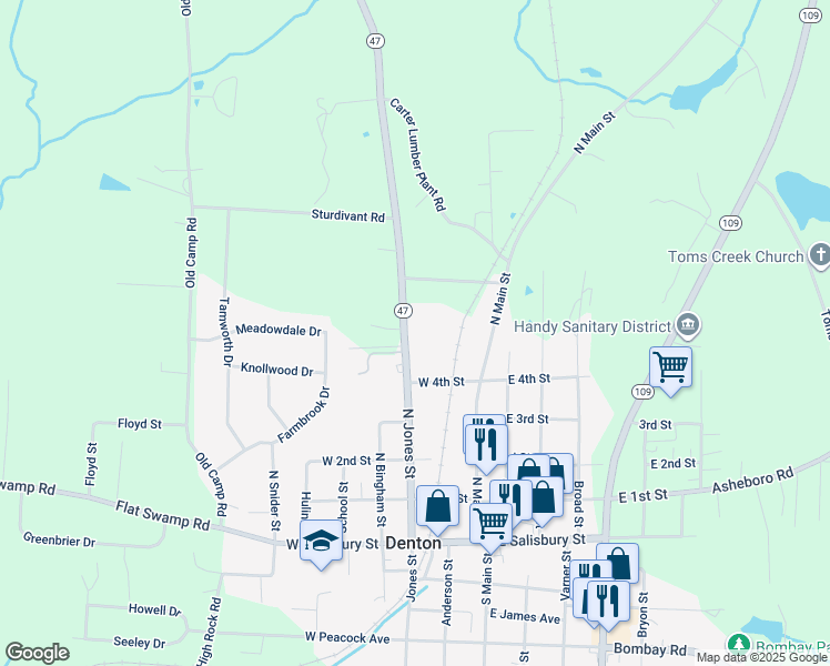 map of restaurants, bars, coffee shops, grocery stores, and more near 452 North Jones Street in Denton