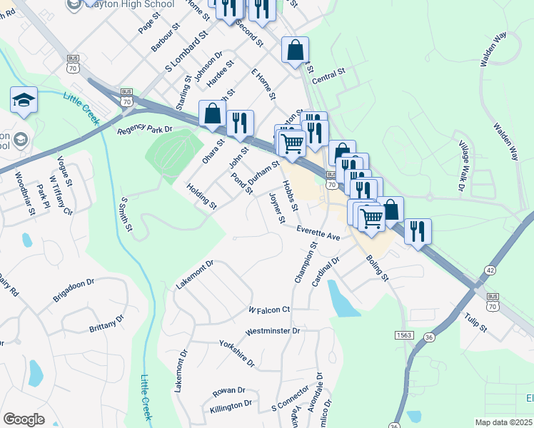 map of restaurants, bars, coffee shops, grocery stores, and more near 910 Pond Street in Clayton