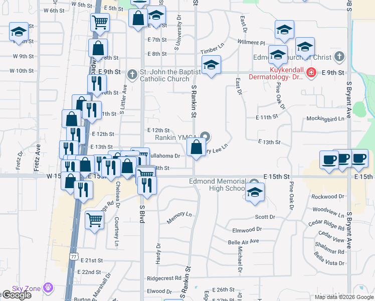 map of restaurants, bars, coffee shops, grocery stores, and more near 1309 Frontier Lane in Edmond
