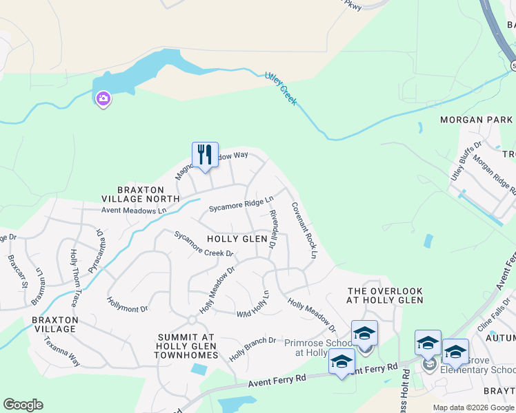 map of restaurants, bars, coffee shops, grocery stores, and more near 209 Sycamore Ridge Lane in Holly Springs