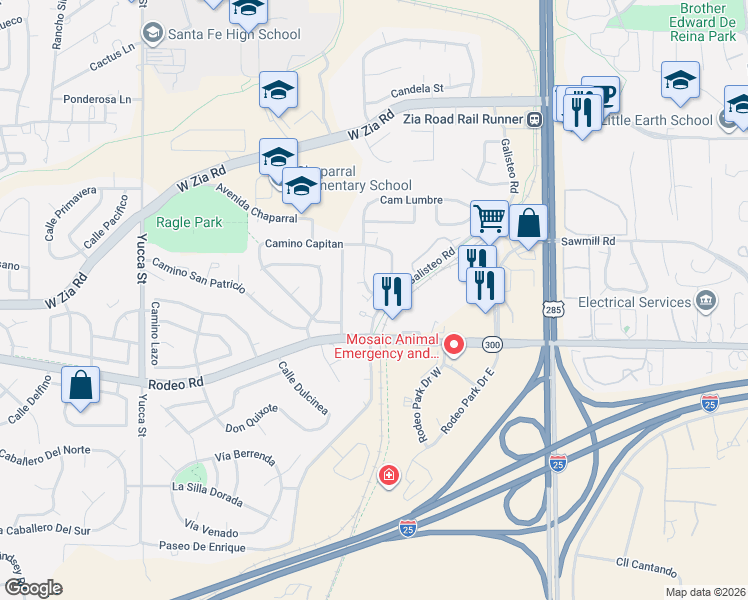 map of restaurants, bars, coffee shops, grocery stores, and more near 2744 Galisteo Road in Santa Fe