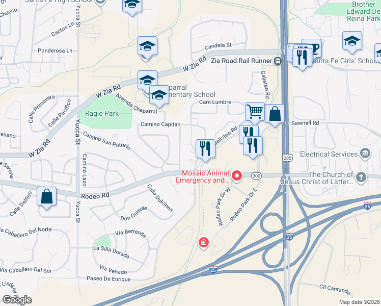 map of restaurants, bars, coffee shops, grocery stores, and more near 2744 Galisteo Road in Santa Fe