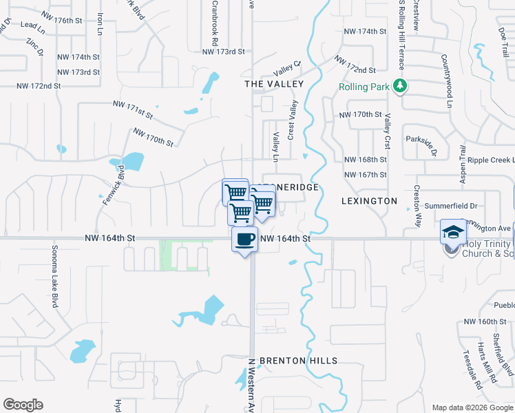 map of restaurants, bars, coffee shops, grocery stores, and more near 1038 Northwest 166th Street in Edmond