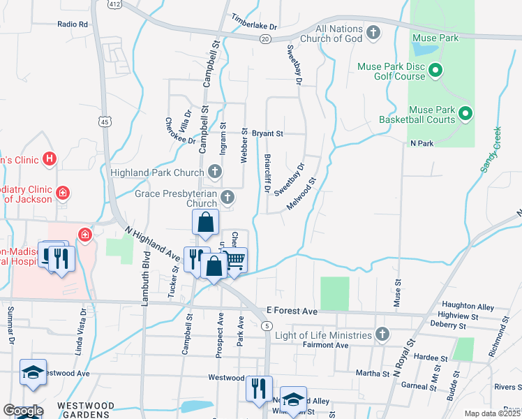 map of restaurants, bars, coffee shops, grocery stores, and more near 101 Melwood Street in Jackson