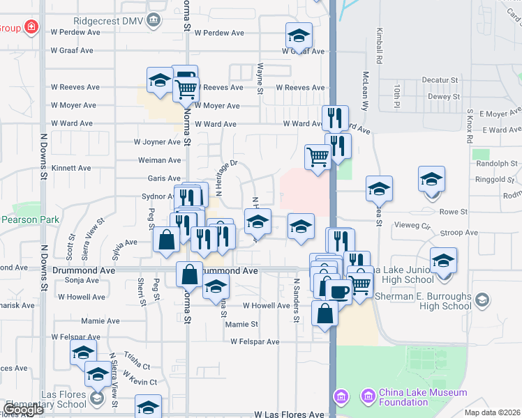 map of restaurants, bars, coffee shops, grocery stores, and more near 1016 Meadowview Lane in Ridgecrest