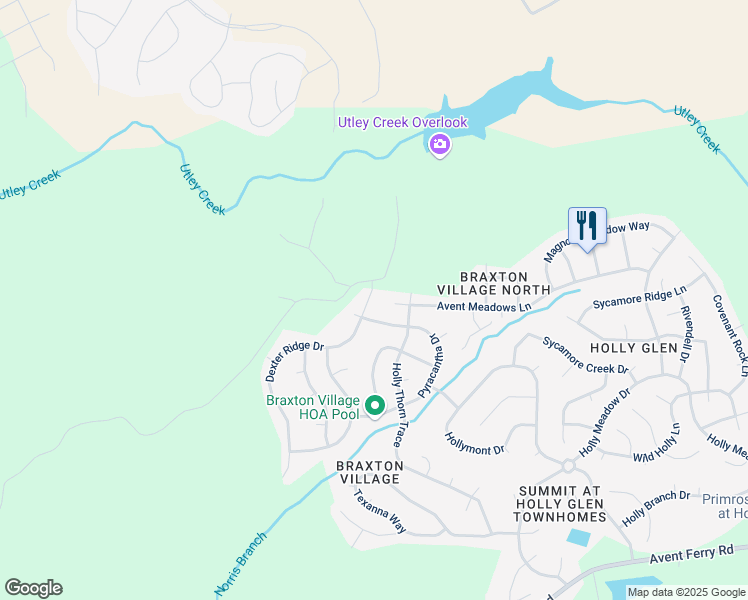 map of restaurants, bars, coffee shops, grocery stores, and more near 1513 Dexter Ridge Drive in Holly Springs