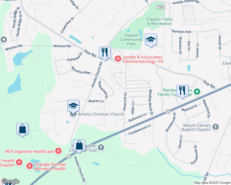 map of restaurants, bars, coffee shops, grocery stores, and more near 3049 Buttonwood Lane in Clayton