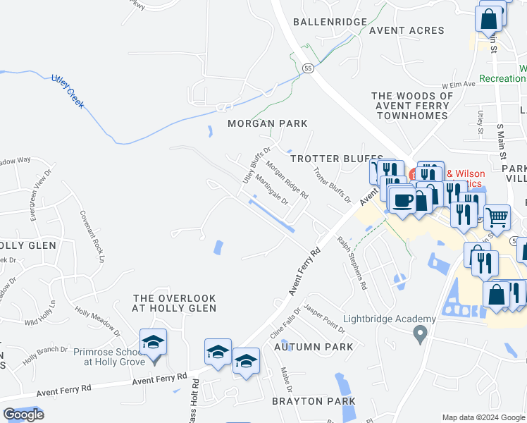 map of restaurants, bars, coffee shops, grocery stores, and more near Morgan Ridge Road in Holly Springs