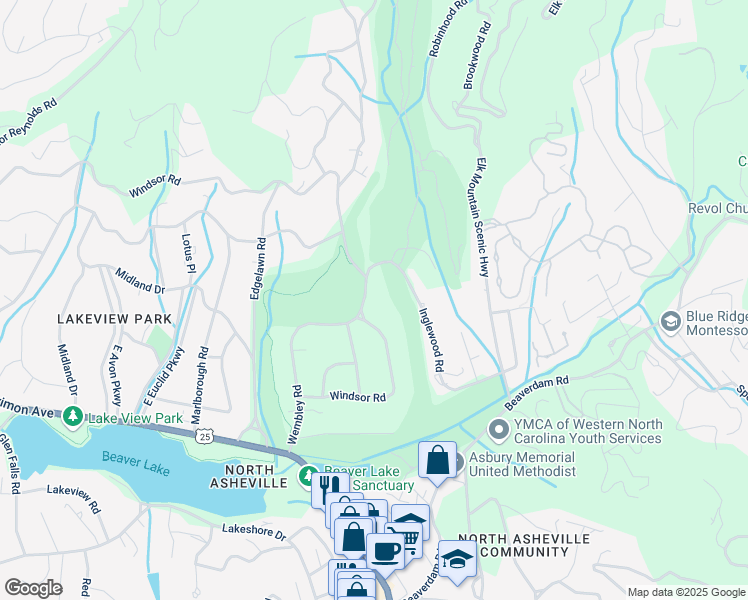 map of restaurants, bars, coffee shops, grocery stores, and more near 161 Windsor Road in Asheville