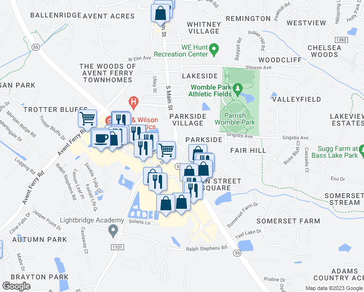 map of restaurants, bars, coffee shops, grocery stores, and more near 109 Delmare Way in Holly Springs