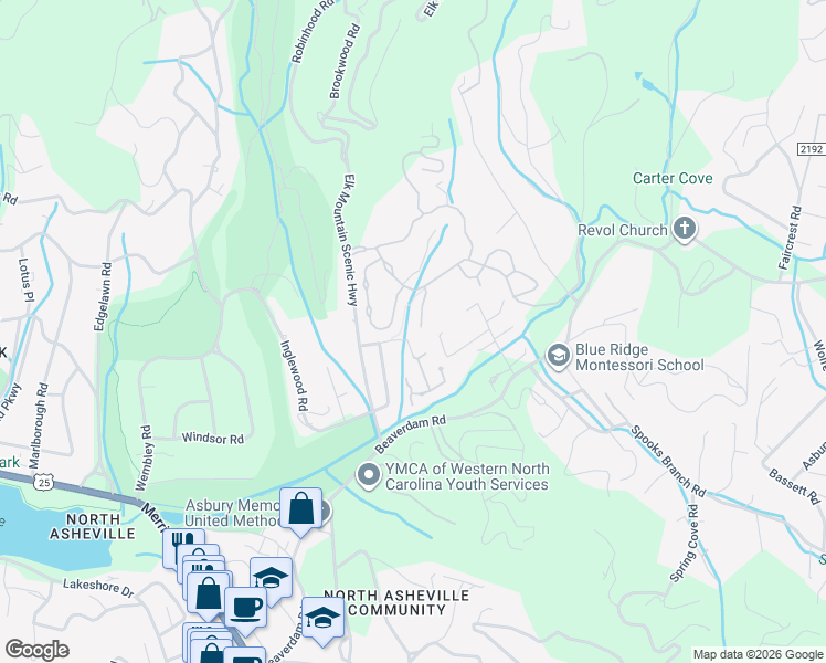map of restaurants, bars, coffee shops, grocery stores, and more near 21 Evian Court in Asheville