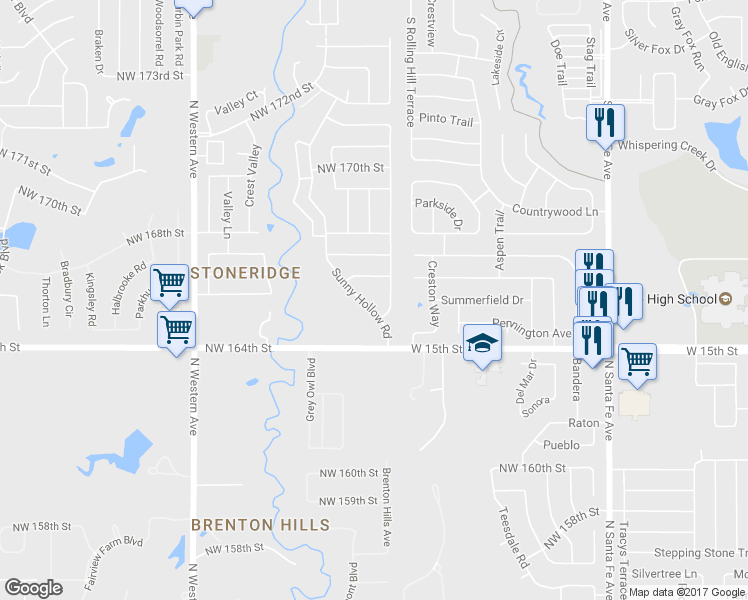 map of restaurants, bars, coffee shops, grocery stores, and more near 16608 Sunny Hollow Road in Edmond