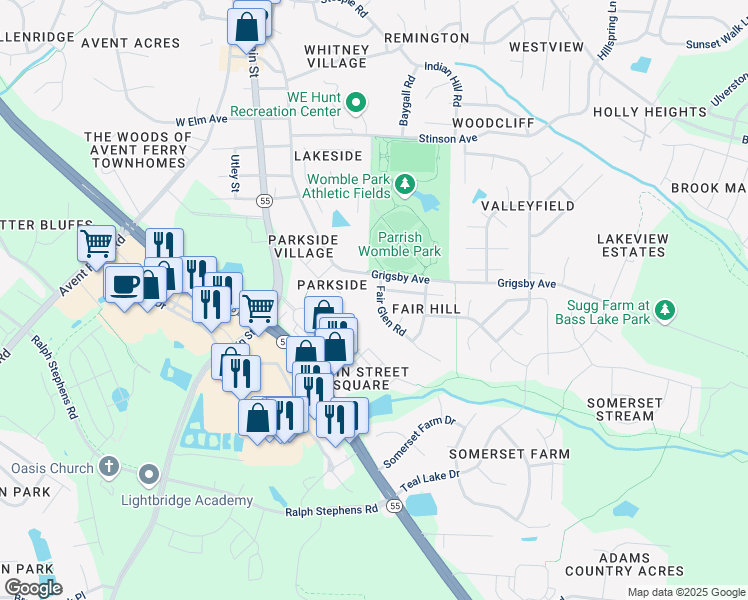 map of restaurants, bars, coffee shops, grocery stores, and more near 204 Fair Glen Road in Holly Springs