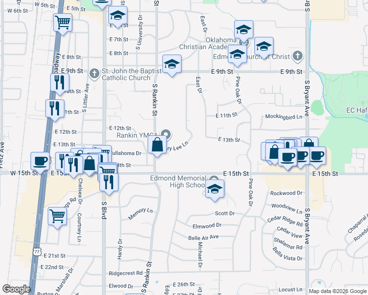 map of restaurants, bars, coffee shops, grocery stores, and more near 616 Mary Lee Lane in Edmond