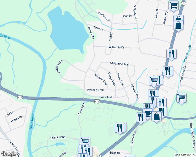 map of restaurants, bars, coffee shops, grocery stores, and more near 213 Navaho Trail in Columbia