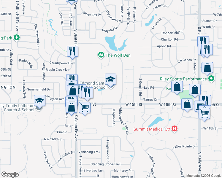 map of restaurants, bars, coffee shops, grocery stores, and more near 1901 West 15th Street in Edmond