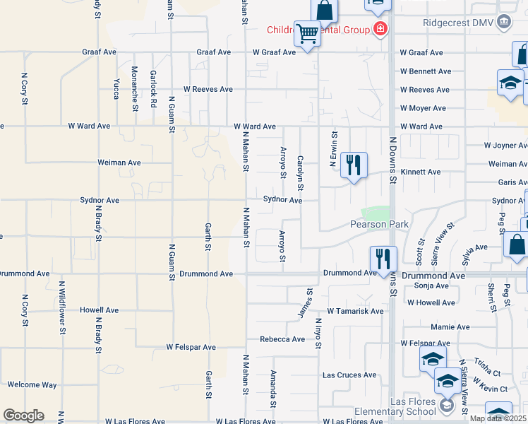 map of restaurants, bars, coffee shops, grocery stores, and more near 1232 West Cynthia Court in Ridgecrest