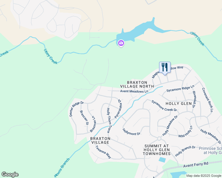 map of restaurants, bars, coffee shops, grocery stores, and more near 1000 Avent Meadows Lane in Holly Springs