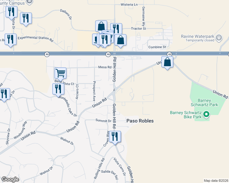 map of restaurants, bars, coffee shops, grocery stores, and more near Union Road & Golden Hill Road in Paso Robles