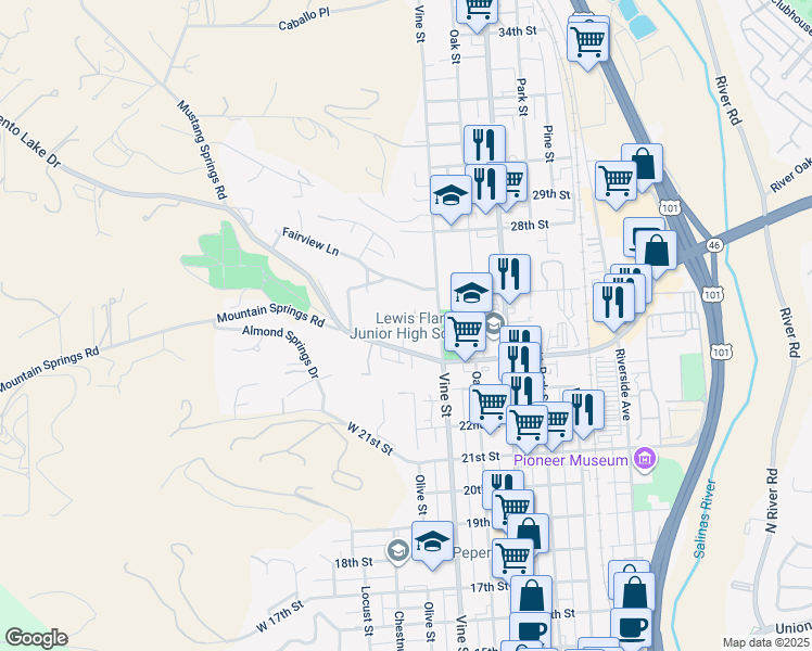 map of restaurants, bars, coffee shops, grocery stores, and more near 405 24th Street in Paso Robles