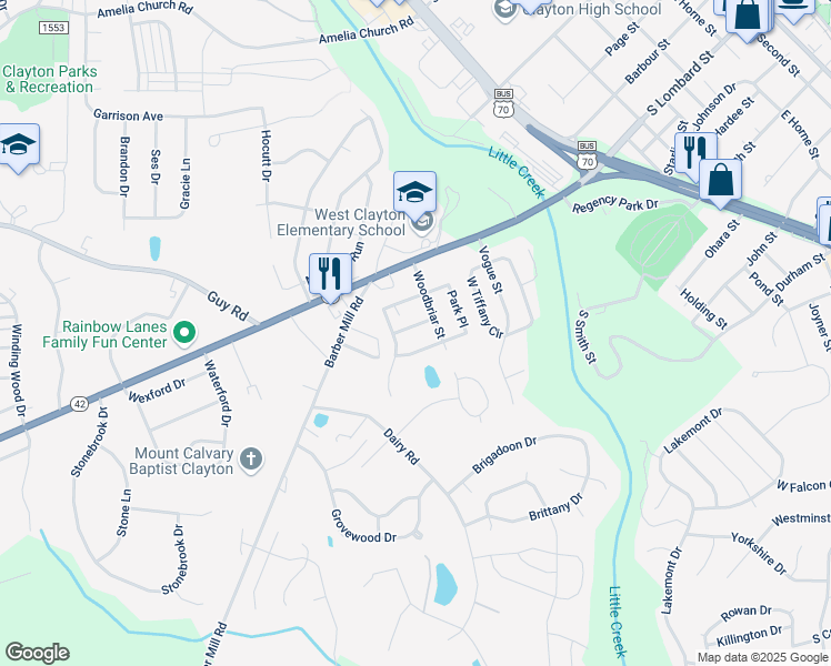 map of restaurants, bars, coffee shops, grocery stores, and more near 1104 Woodlawn Way in Clayton