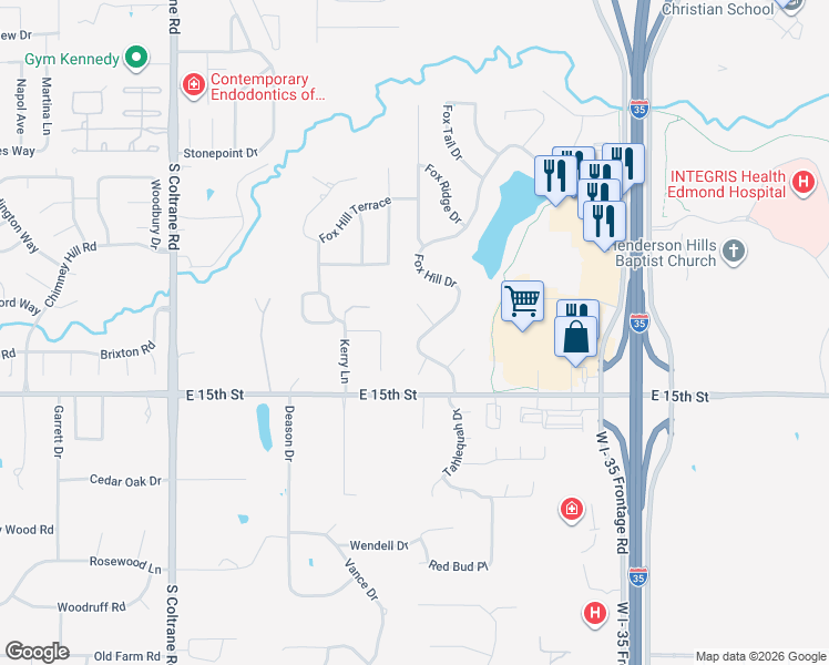 map of restaurants, bars, coffee shops, grocery stores, and more near 1308 Circle Bend Court in Edmond
