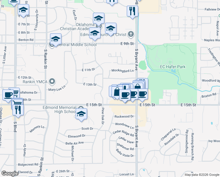 map of restaurants, bars, coffee shops, grocery stores, and more near 1212 Devonshire Court in Edmond