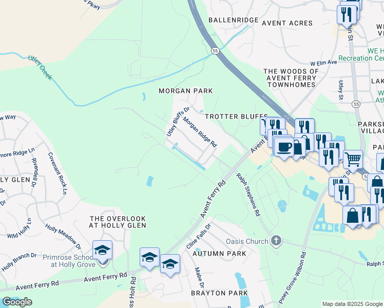 map of restaurants, bars, coffee shops, grocery stores, and more near 413 Morgan Ridge Road in Holly Springs