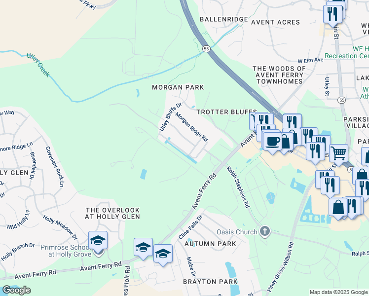 map of restaurants, bars, coffee shops, grocery stores, and more near 413 Morgan Ridge Road in Holly Springs