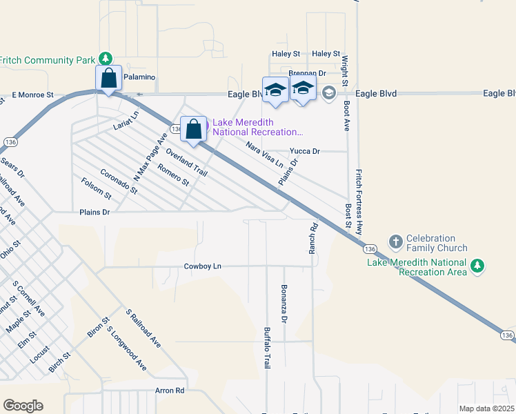 map of restaurants, bars, coffee shops, grocery stores, and more near 508 Overland Trail in Fritch