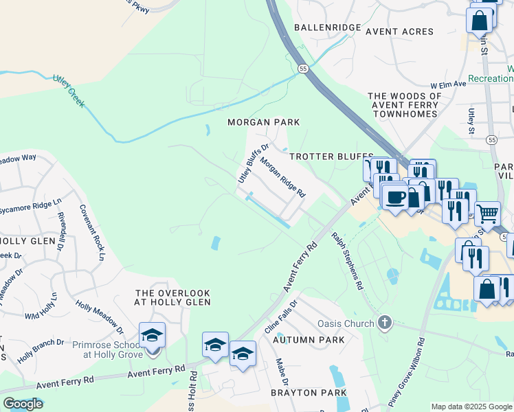 map of restaurants, bars, coffee shops, grocery stores, and more near 428 Morgan Ridge Road in Holly Springs