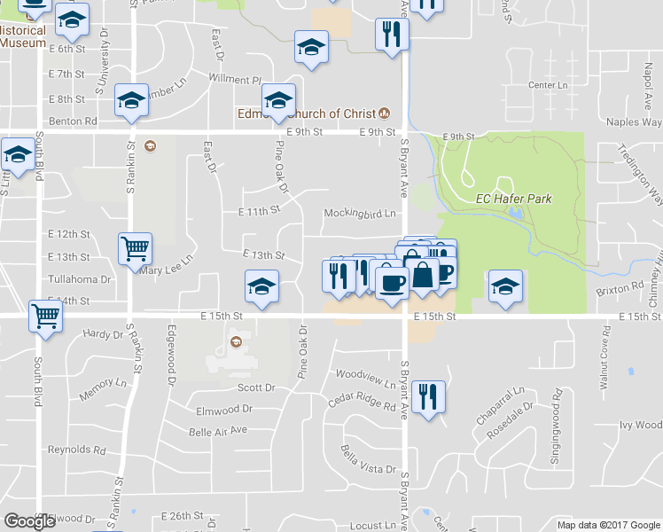 map of restaurants, bars, coffee shops, grocery stores, and more near 1212 Devonshire Court in Edmond