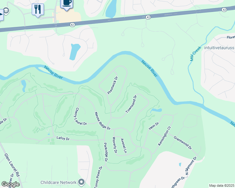 map of restaurants, bars, coffee shops, grocery stores, and more near 717 Parkridge Drive in Clayton