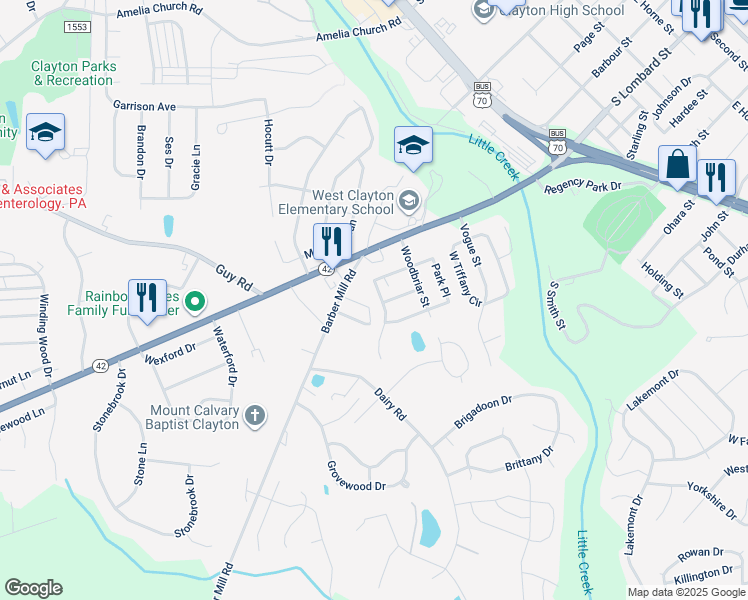 map of restaurants, bars, coffee shops, grocery stores, and more near 601 Lakeview Drive in Clayton