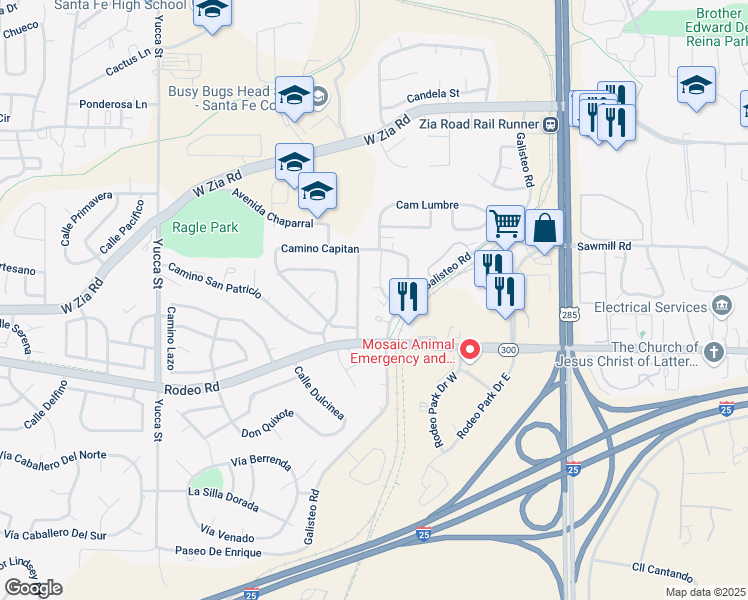 map of restaurants, bars, coffee shops, grocery stores, and more near 2744 Galisteo Road in Santa Fe