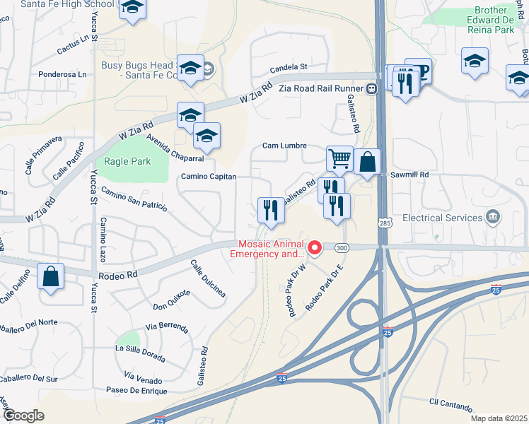 map of restaurants, bars, coffee shops, grocery stores, and more near 2706 Galisteo Road in Santa Fe