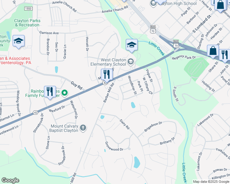 map of restaurants, bars, coffee shops, grocery stores, and more near 5 Cheltenham Drive in Clayton