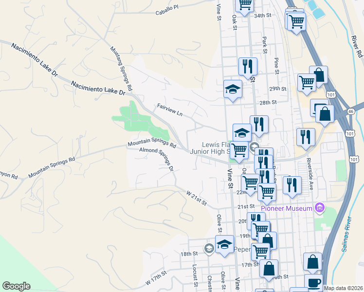 map of restaurants, bars, coffee shops, grocery stores, and more near 2 Paso Robles Road in Paso Robles