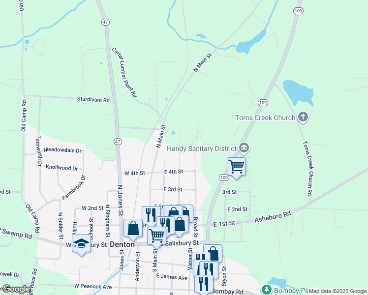 map of restaurants, bars, coffee shops, grocery stores, and more near 478 Broad Street in Denton