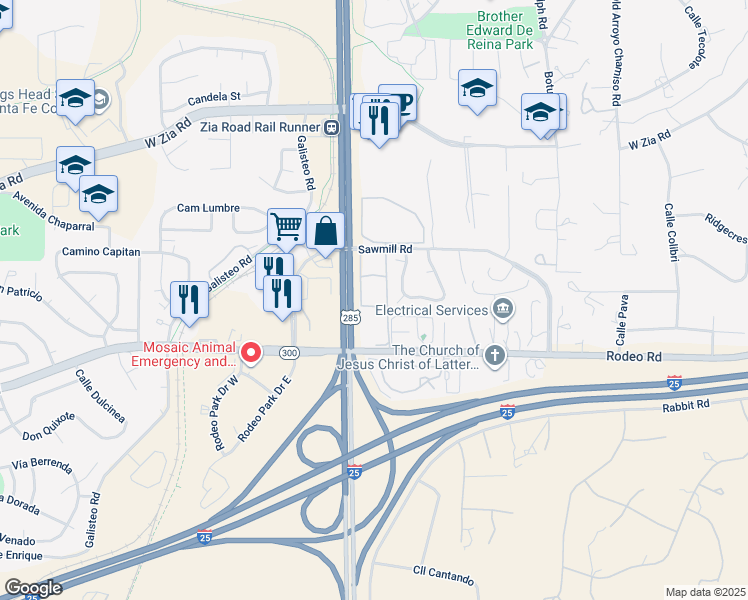 map of restaurants, bars, coffee shops, grocery stores, and more near 2491 Sawmill Road in Santa Fe
